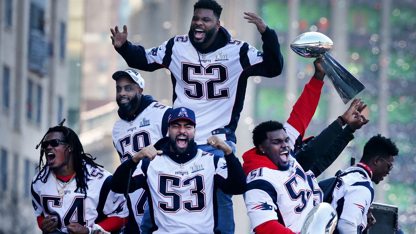 Defensive players Dont&#x27;a Hightower (54), Albert McClellan (59) ,Elandon Roberts (52) , Kyle Van Noy (53) and Ja&#x27;Whaun Bentley (51) of the New England Patriots celebrate during the team&#x27;s victory parade after winning Super Bowl LIII 