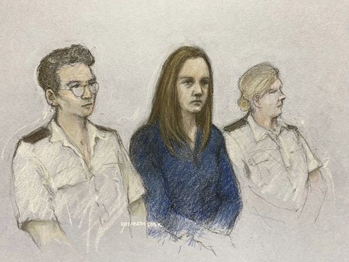 Court artist drawing shows nurse Lucy Letby, who was found guilty of killing seven babies and trying to kill six others.