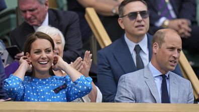 Prince William and Kate, Duchess of Cambridge sit in the Royal box on Centre Court ahead of the men&#x27;s singles quarterfinal match between Serbia&#x27;s Novak Djokovic and Italy&#x27;s Jannik Sinner on day nine of the Wimbledon tennis championships in London, Tuesday, July 5, 2022. 