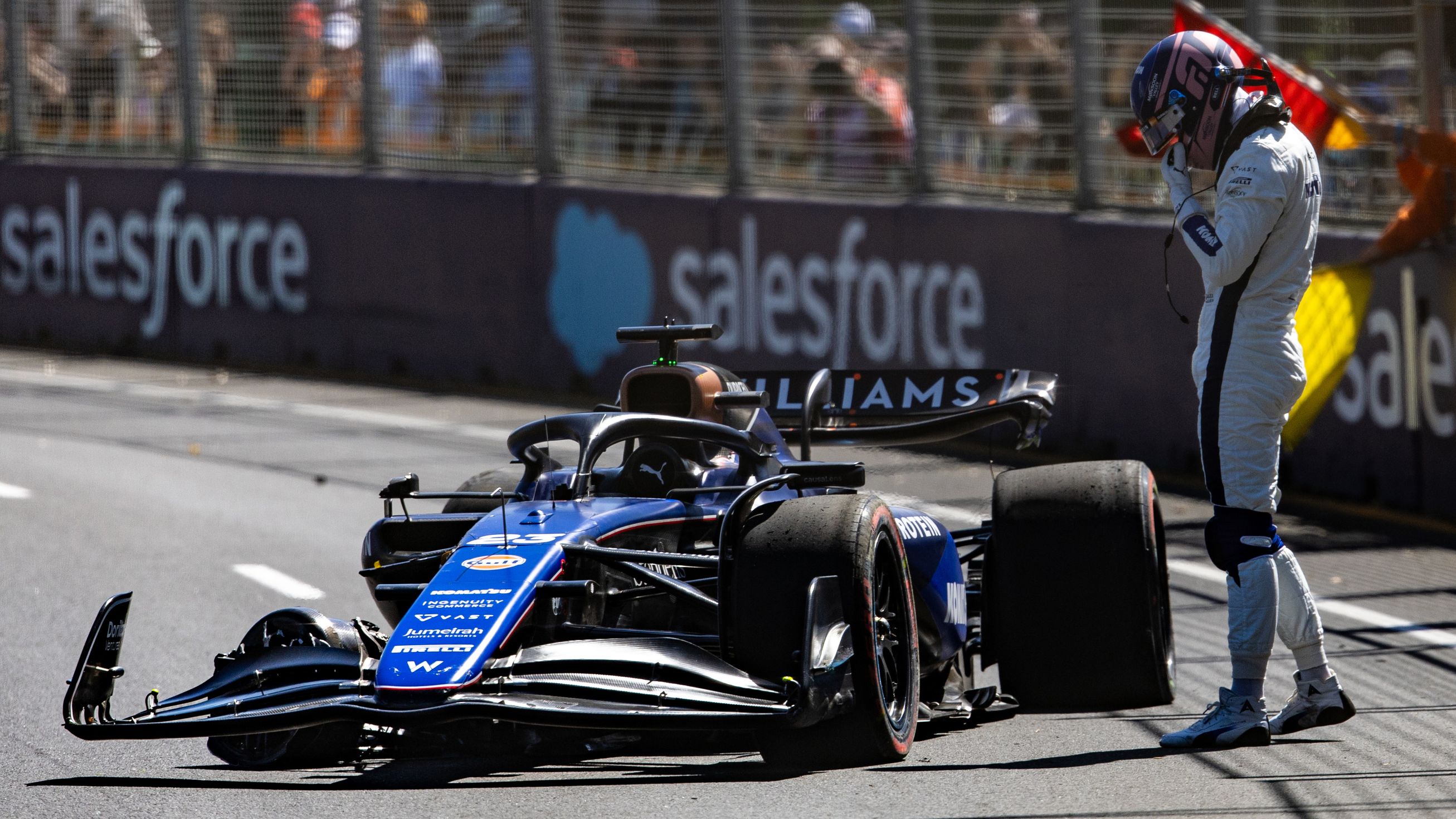 Alex Albon of Thailand and Williams crashes out during FP1 ahead of the Australian Grand Prix at the Albert Park Grand Prix Circuit.