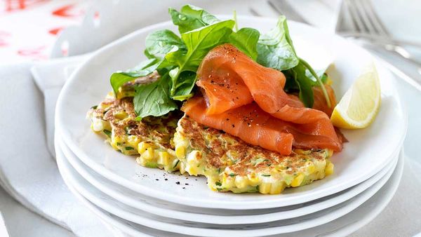 Sweet corn and coriander fritters with smoked salmon by WW Freshbox