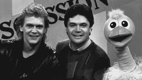 John Farnham pictured on the set of Hey Hey It's Saturday in 1985 with Darryl Somers and Ossie ostrich. 