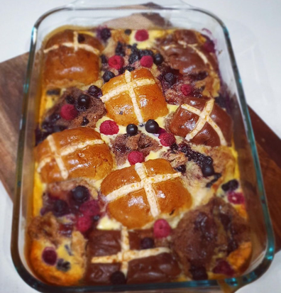 Homemade Hot Cross Buns Bread and Butter Pudding