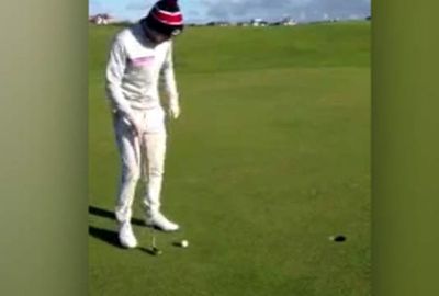 <b>An amateur golfer has taken the ‘scenic route’ to nail a two-foot putt for an incredible, off-the-green monster birdie.</b><br/><br/>The man was playing at The Golf House Club in Scotland, when he put his second shot to within a metre of the hole on  the 402-metre, par four ninth.<br/><br/>But instead of taking the easy tap-in birdie, he gets creative, producing an astonishing shot that needs to be seen to be believed.<br/><br/>The golfer's long-way-around putt rates alongside some of the world's very best trick shots.