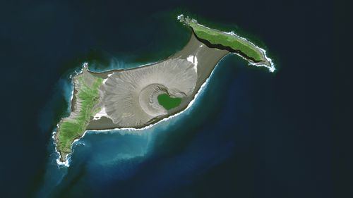 This satellite image provided by Maxar Technologies shows an overview of Hunga Tonga Hunga Haapai volcano in Tonga on April 10, 2021. (Satellite image ©2022 Maxar Technologies via AP)