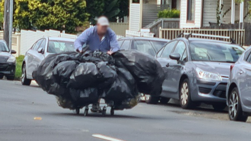 Un homme a été photographié sur les plages du nord de Sydney transportant une charge titanesque de recyclage.