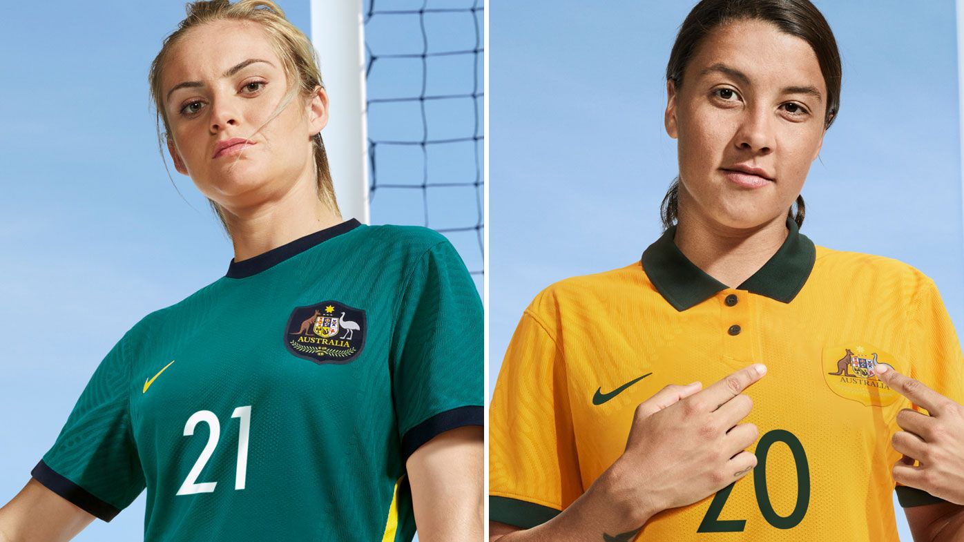 Matildas Ellie Carpenter and Sam Kerr model the new national team home and away Nike kit