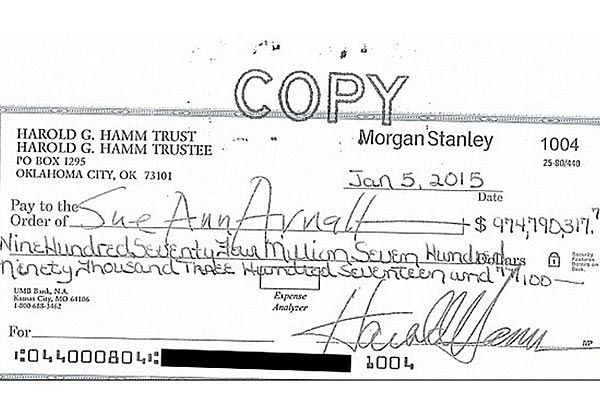 A copy of the billion dollar check Harold Hamm sent to his ex-wife.