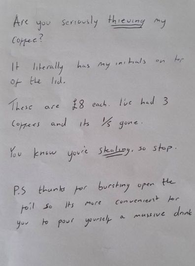 note about stolen coffee on Reddit