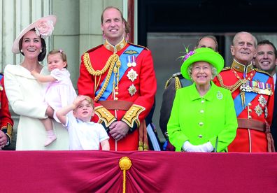 Catherine, Duchess of Cambridge, Princess Charlotte of Cambridge, Prince George of Cambridge, Prince William, Duke of Cambridge, Queen Elizabeth II and Prince Philip, The Duke of Edinburgh during the Trooping the Colour, this year marking the Queen's official 90th birthday at The Mall on June 11, 2016 in London, England.  