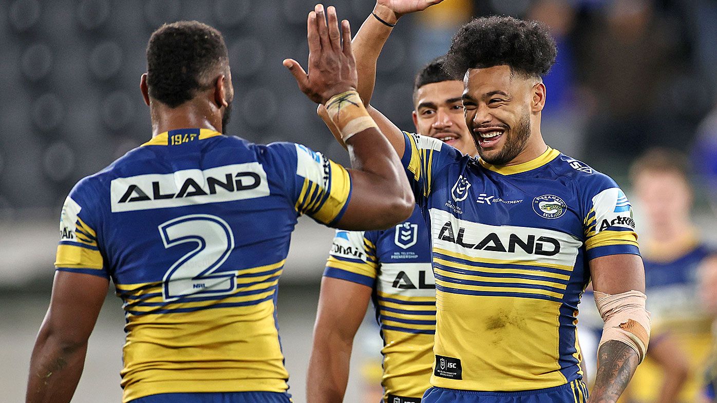 Waqa Blake of the Eels and Maika Sivo of the Eels celebrate after winning