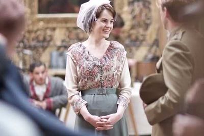 Michelle Dockery (Lady Mary Crawley) has a laugh on-set.