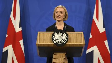 UK Prime Minister Liz Truss attends a press conference in the Downing Street Briefing Room in central London, Friday Oct. 14, 2022, following the sacking of the finance minister in response to a budget that sparked markets chaos