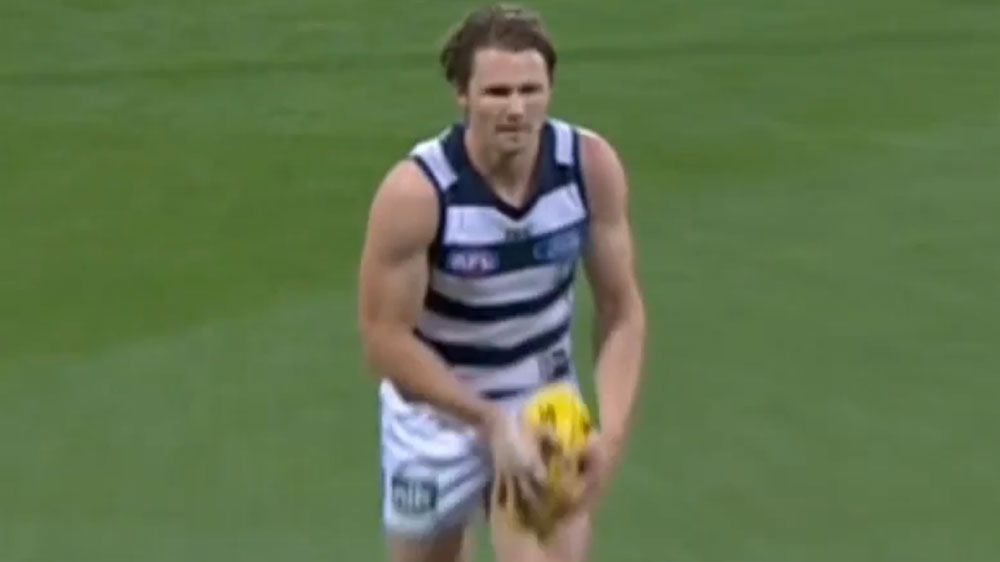 Patrick Dangerfield boots one of his three goals. 