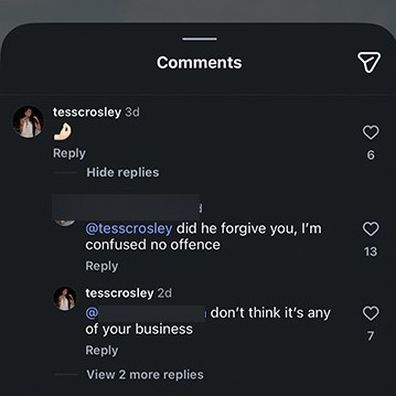 Blurry Tess Crosley responds under Ben Crosley's Instagram