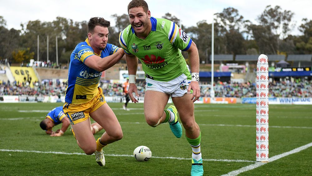 Raiders winger Brenko Lee celebrates after scoring one of four tries against the Eels.