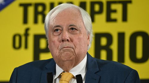 Australian businessman Clive Palmer speaks at a press conference after the federal election campaign launch of the 'Trumpet of  Patriots' party on April 19, 2025 on the Sunshine Coast, Australia. 