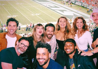 Shawn Levy, Hugh Jackman, Taylor Swift, Ryan Reynolds, Blake Lively and Robyn Lively at NFL game in New York, October 2023