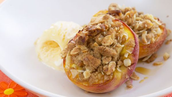 Walnut and cinnamon baked peach halves