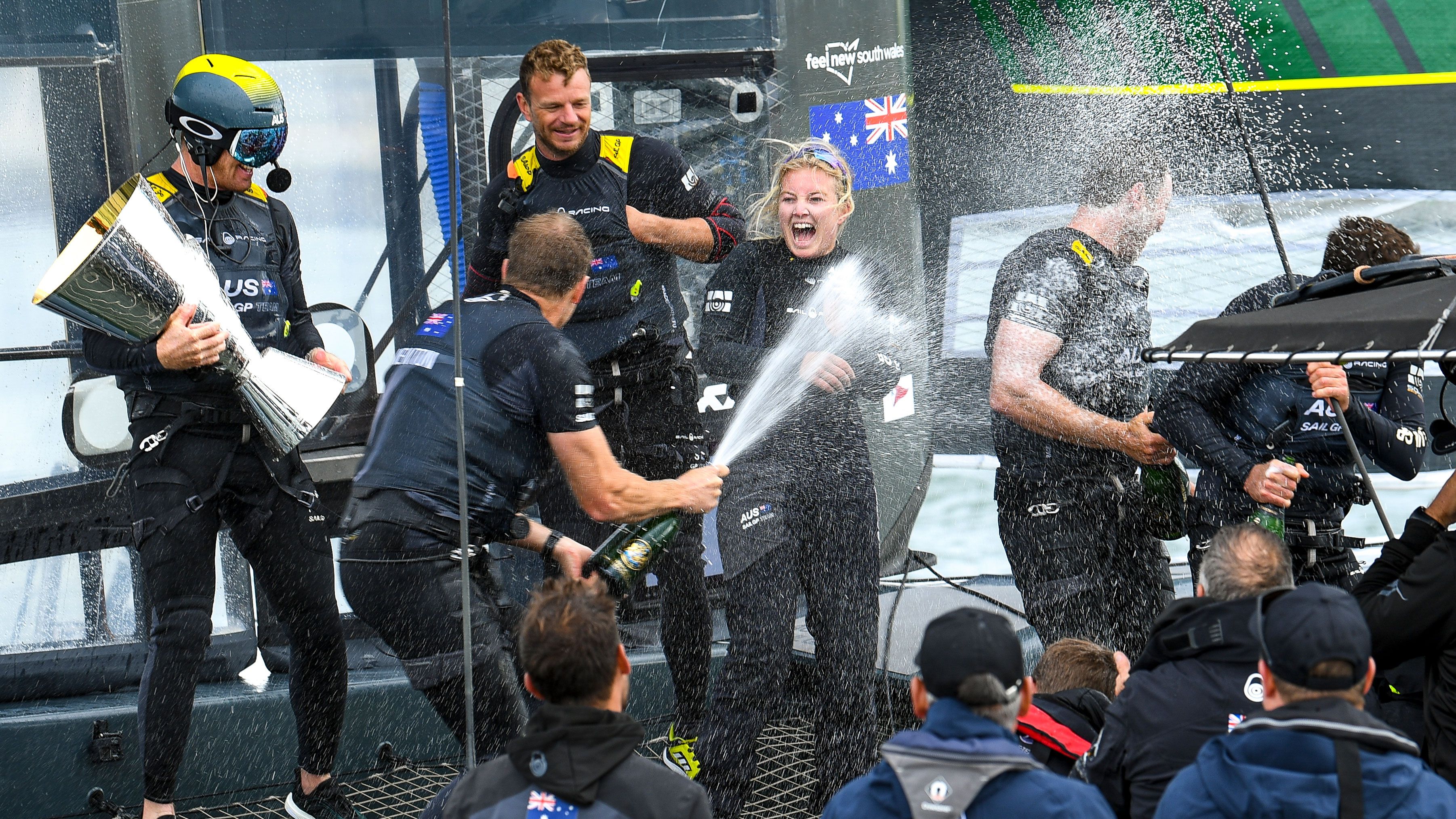 Australia&#x27;s Sail GP team, helmed by Tom Slingsby, celebrate after winning the $1.4 million grand final in San Francisco.