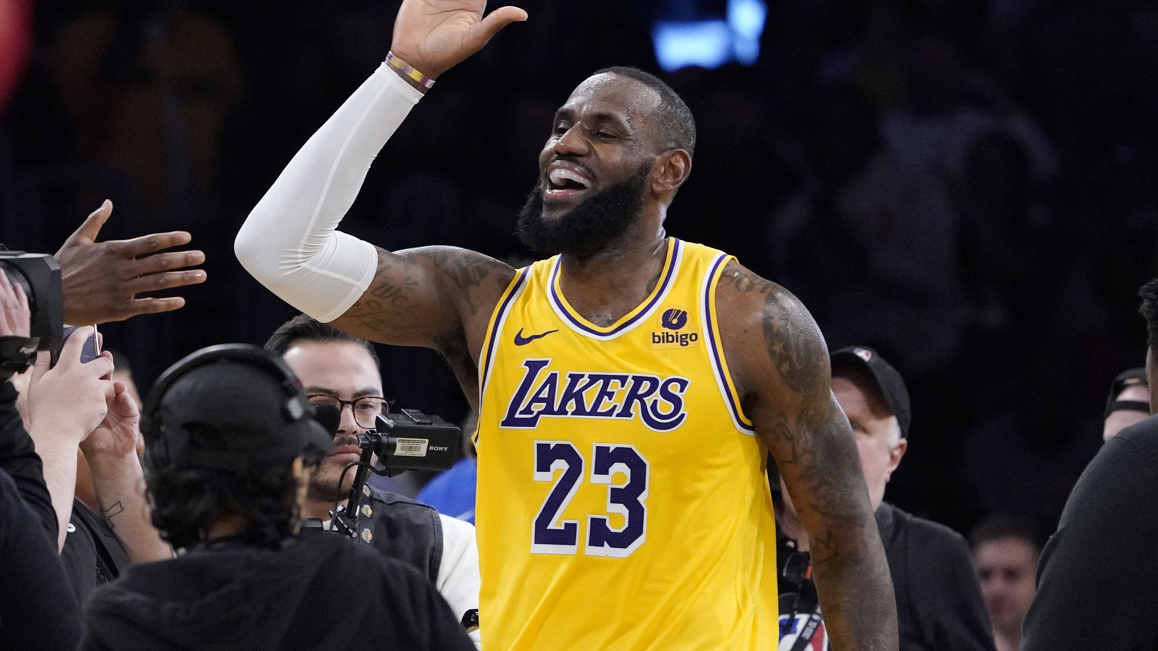 Los Angeles Lakers forward LeBron James celebrates after the Lakers defeated the Los Angeles Clippers 130-125 in an NBA basketball game Wednesday, Nov. 1, 2023, in Los Angeles. (AP Photo/Mark J. Terrill)