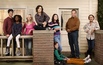 The Conners cast (from left to right): Michael Fishman, Jayden Rey, Lecy Goranson, Sara Gilbert, Emma Kenney, Ames McNamara, John Goodman and Laurie Metcalf.