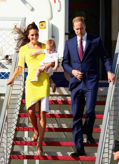 Prince William, Duke of Cambridge, Kate Middleton, Duchess of Cambridge and Prince George of Cambridge arrive at Sydney Airport on RAAF B737 on April 16, 2014 in Sydney, Australia.