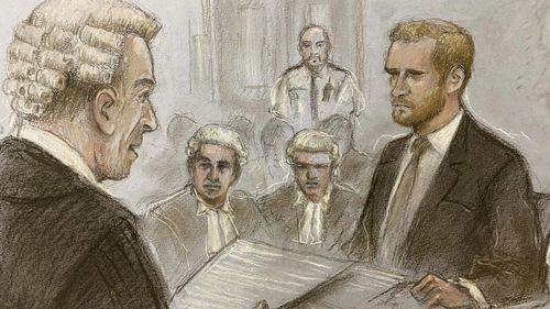 A court artist sketch by Elizabeth Cook of Britain's Prince Harry being being cross examined by Andrew Green KC, as he gives evidence at the Rolls Buildings in central London, Wednesday, June 7, 2023 