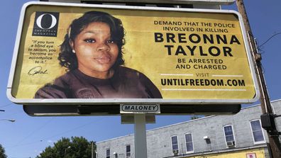 A billboard sponsored by O, The Oprah Magazine, is on display with with a photo of Breonna Taylor, Friday, Aug. 7, 2020 in Louisville, KY