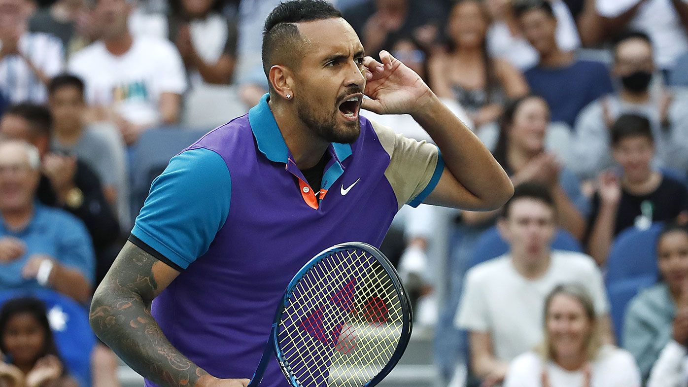 Nick Kyrgios of Australia celebrates after winning a point in his Men&#x27;s Singles third round match against Dominic Thiem of Austria during day five of the 2021 Australian Open at Melbourne Park on February 12, 2021 in Melbourne, Australia