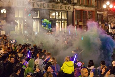 Flares were set off as the city celebrated its first Super Bowl title.