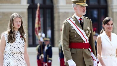 ZARAGOZA, SPAIN - JULY 07: (L-R) Crown Princess Leonor of Spain, King Felipe VI of Spain and Queen Letizia of Spain attend the delivery of Royal offices of employment at the General Military Academy on July 07, 2023 in Zaragoza, Spain. (Photo by Carlos Alvarez/Getty Images)