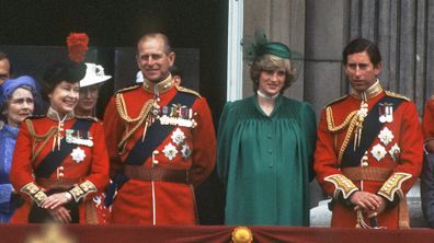 Princess of Wales with Charles, Prince of Wales, Queen Elizabeth ll and Prince Philip, Duke of Edinburgh on the balcony of Buckingham Palace following the Trooping the Colour.