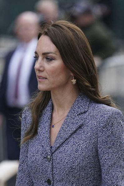 Kate, Duchess of Cambridge wears a bee earring design, which is a symbol of Manchester, as she arrives with her husband Prince William to attend the launch of the Glade of Light Memorial, outside Manchester Cathedral, which commemorates the victims of a suicide bomb attack at a 2017 Ariana Grande concert, in Manchester, England, Tuesday, May 10, 2022.  
