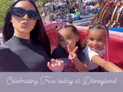 Kim Kardashian with daughter Chicago and niece Dream at Disneyland.