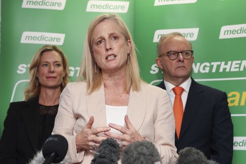 Labor candidate for Lyons Rebecca White, Minister for Finance, Minister for the Public Service, Minister for Women and Minister for Government Services Katy Gallagher and Prime Minister Anthony Albanese at a press conference during a visit to the Bridgewater urgent care clinic, in the electorate of Lyons, in Bridgewater, Tasmania, on Tuesday 15 April 2025 during the 2025 federal election campaign. fedpol Photo: Alex Ellinghausen