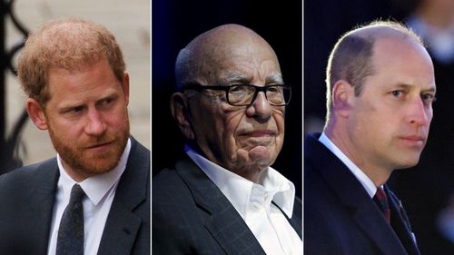 (L-R) Prince Harry, Rupert Murdoch, and Prince William