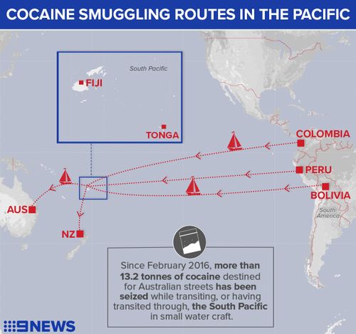 Cocaine smuggling route from South America, through the Pacific, and on to Australia and New Zealand.