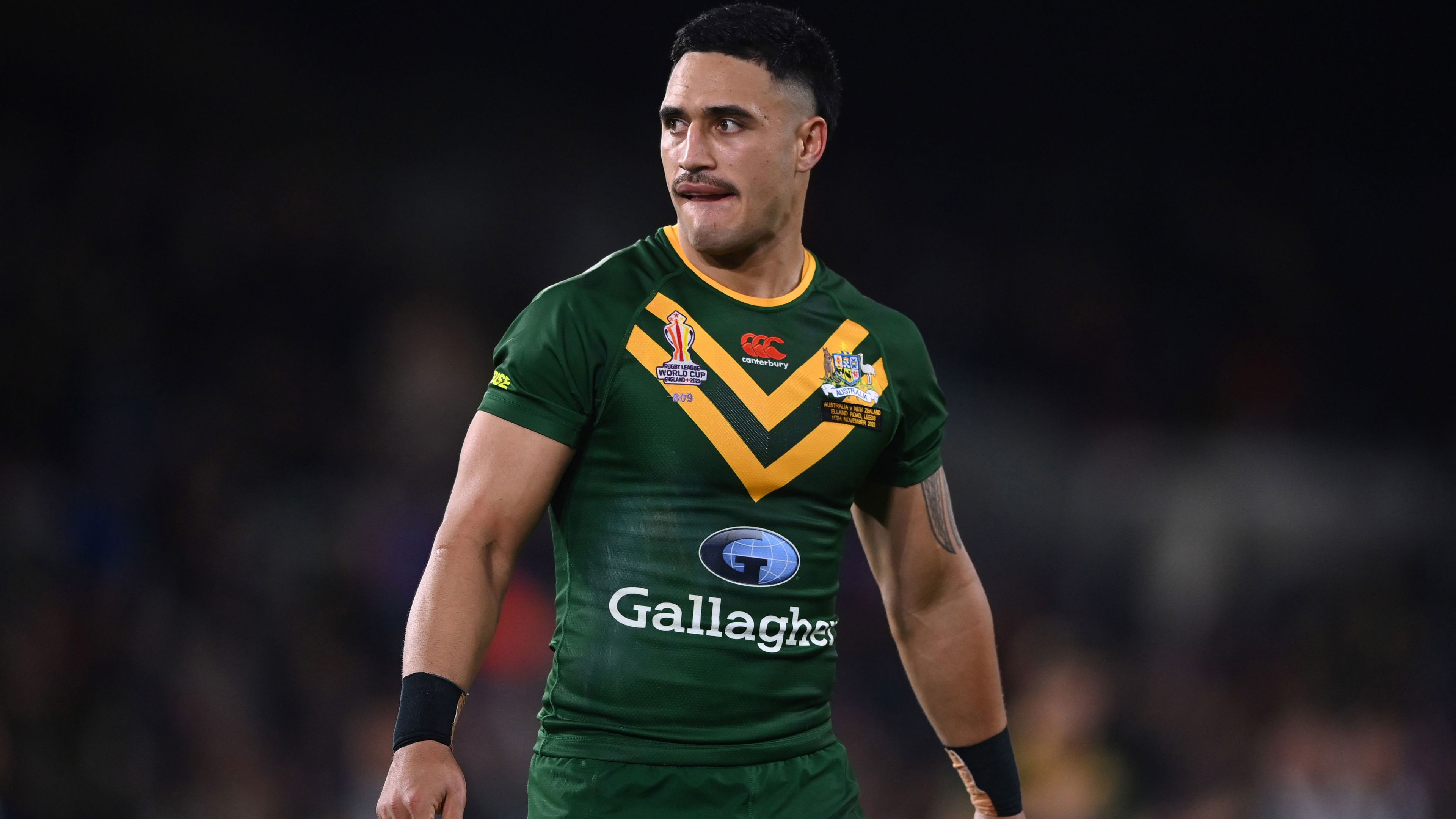 Kangaroos star Valentine Holmes during the Rugby League World Cup semi-final match between Australia and New Zealand at Elland Road on November 11, 2022 in Leeds, England. 