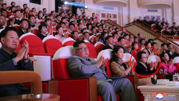 In this Saturday, Jan. 25, 2020, photo provided by the North Korean government, North Korean leader Kim Jong Un, center, claps with his wife Ri Sol Ju, third from right, and his aunt Kim Kyong Hui, second from right, as they attend a concert celebrating Lunar New Year&#x27;s Day in Pyongyang, North Korea.