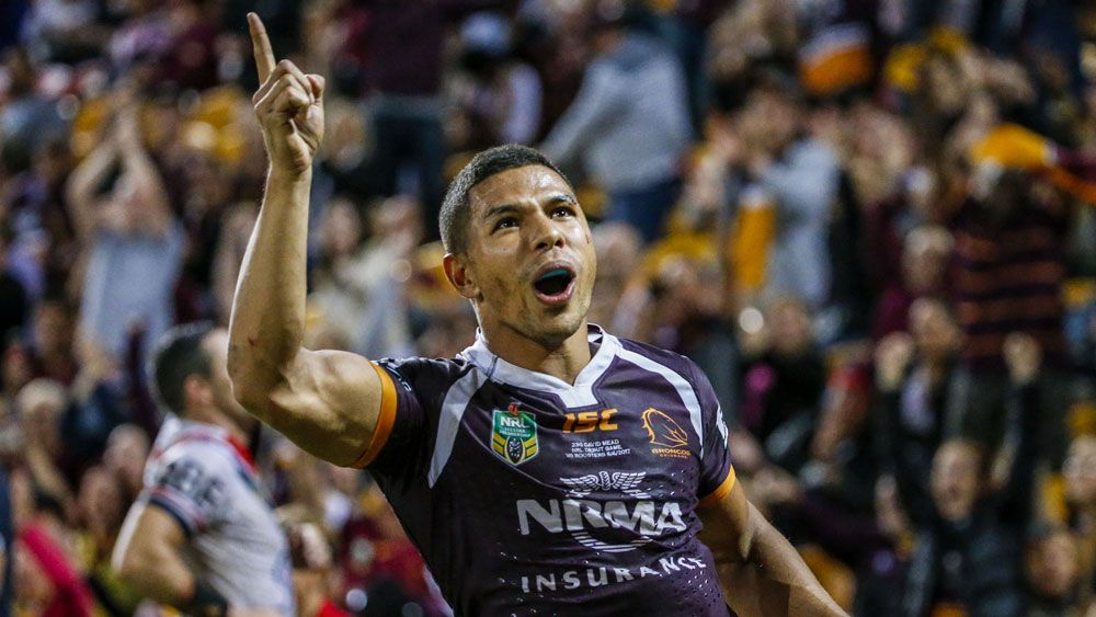 David Mead celebrates a try for the Broncos. (AAP)