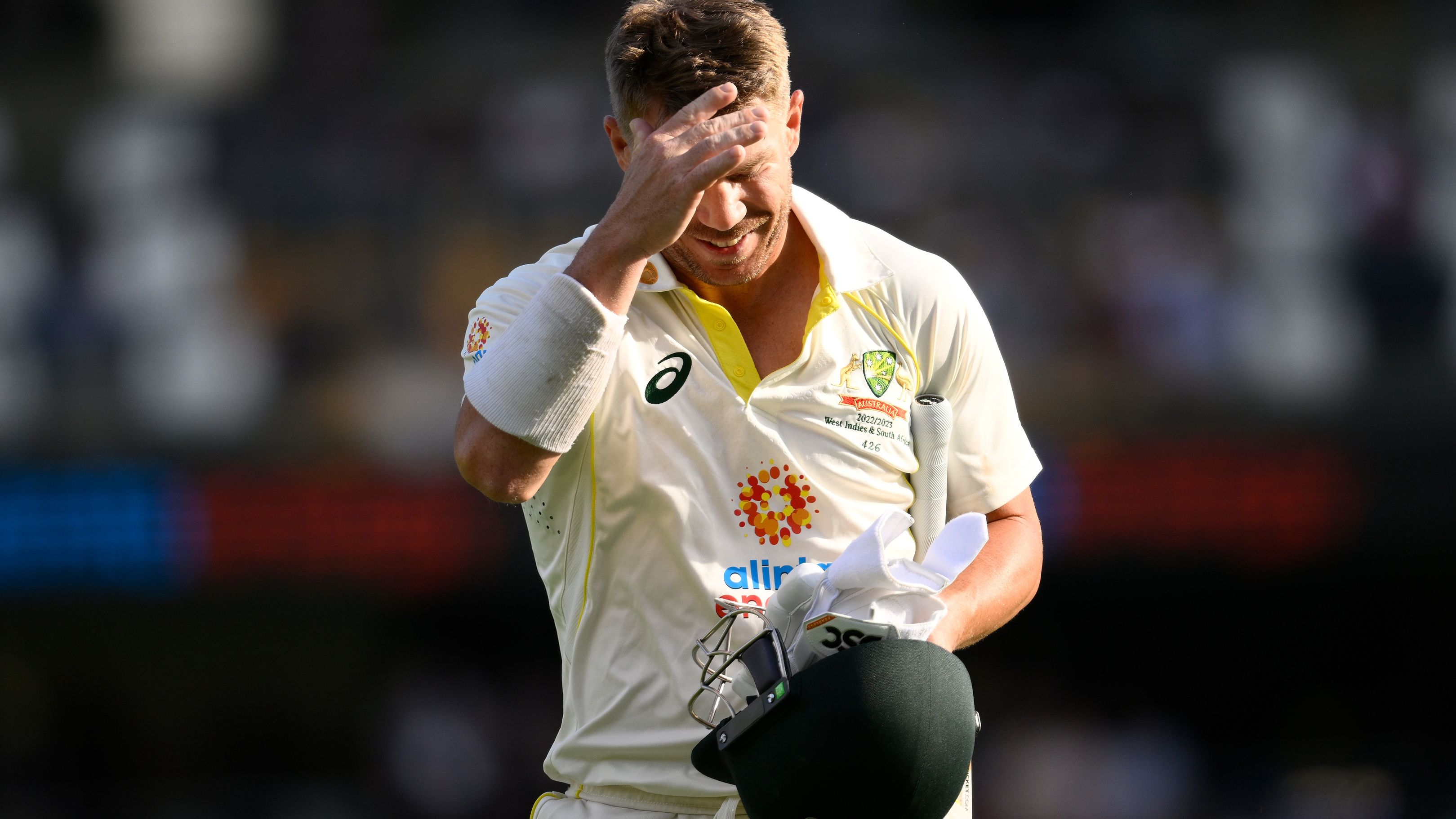 David Warner of Australia looks dejected after being dismissed by Kagiso Rabada of South Africa. (Photo by Matt Roberts - CA/Cricket Australia via Getty Images)