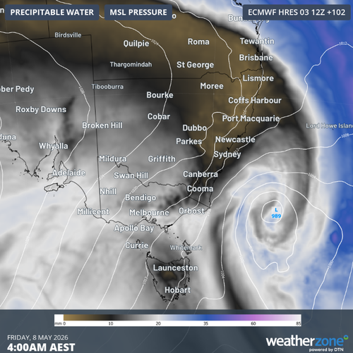 Pressão média prevista ao nível do mar e água precipitável de acordo com o modelo ECMWF para sudeste da Austrália às 4h da sexta-feira, 8 de maio.