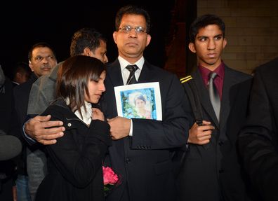 Benedict Barboza arrives at the Houses of Parliament in centrasl London with daughter Lisha, 14, and son Junal, 16, for a meeting with Keith Vaz MP following the death of Jacintha Saldanha.   (Photo by Anthony Devlin/PA Images via Getty Images)