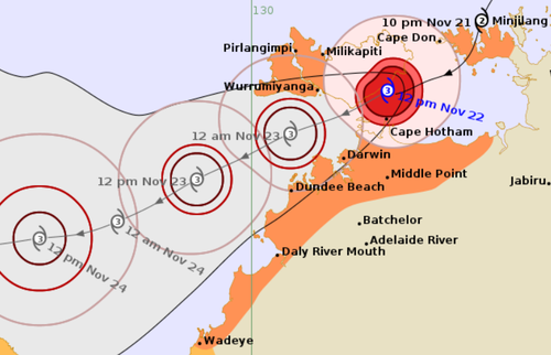 Tropical Cyclone Fina has intensified to a category 3 storm as it approaches Darwin today, with residents told it is too late to leave and take shelter now.