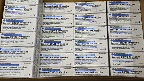 Boxes of the Johnson and Johnson COVID-19 vaccine are shown at the McKesson Corporation in Shepherdsville, Kentucky.