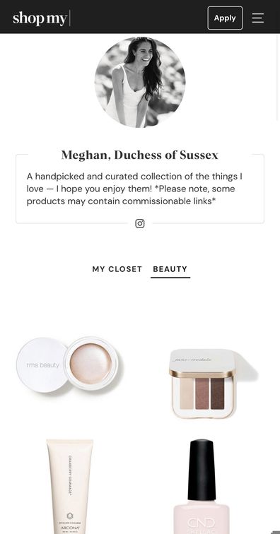 The ShopMy page by Meghan, the Duchess of Sussex