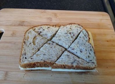 woman chaotic sandwich cutting method on reddit