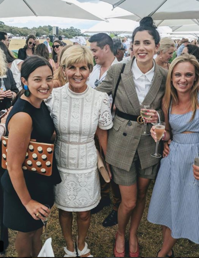Foreign Minister Julie Bishop posing with fans at the 2018 Portsea Polo