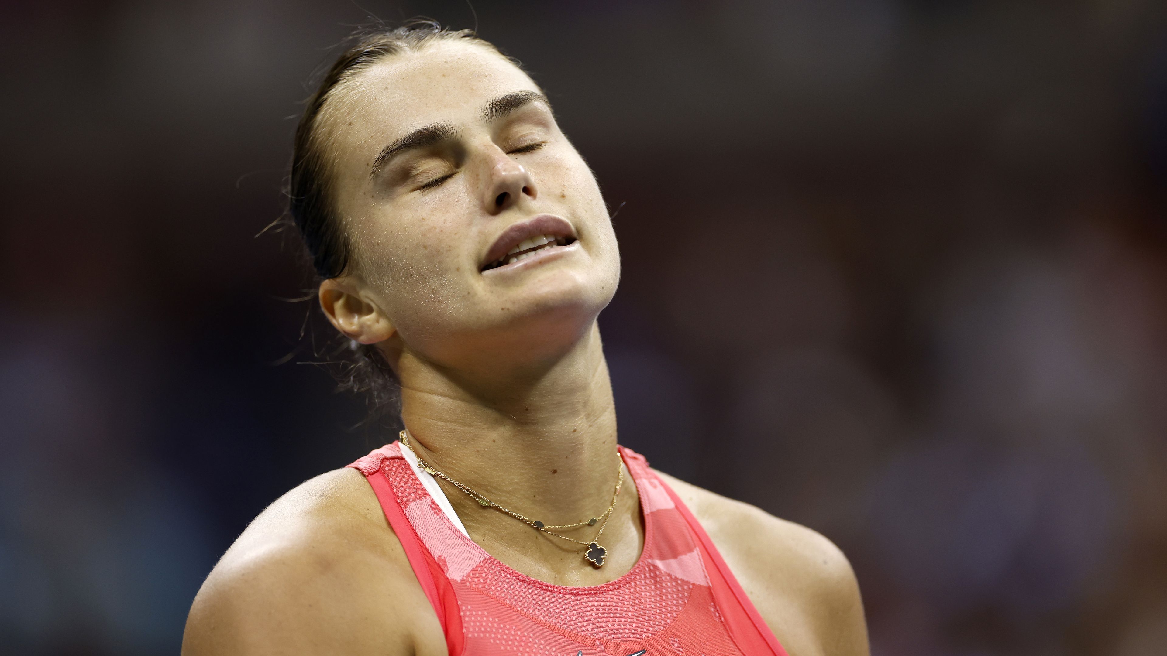 Aryna Sabalenka of Belarus reacts after a point against Coco Gauff of the United States during their Women&#x27;s Singles Final match on Day Thirteen of the 2023 US Open at the USTA Billie Jean King National Tennis Center on September 09, 2023 in the Flushing neighborhood of the Queens borough of New York City. (Photo by Sarah Stier/Getty Images)